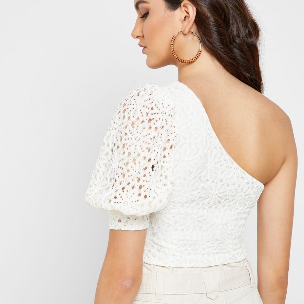 Topshop One Shoulder Lace Puff Sleeve Top
